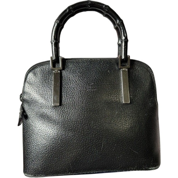 Vintage Gucci Black Leather Bamboo Handle Dome Satchel Top Handle Handbag‎ Purse - Picture 1 of 11